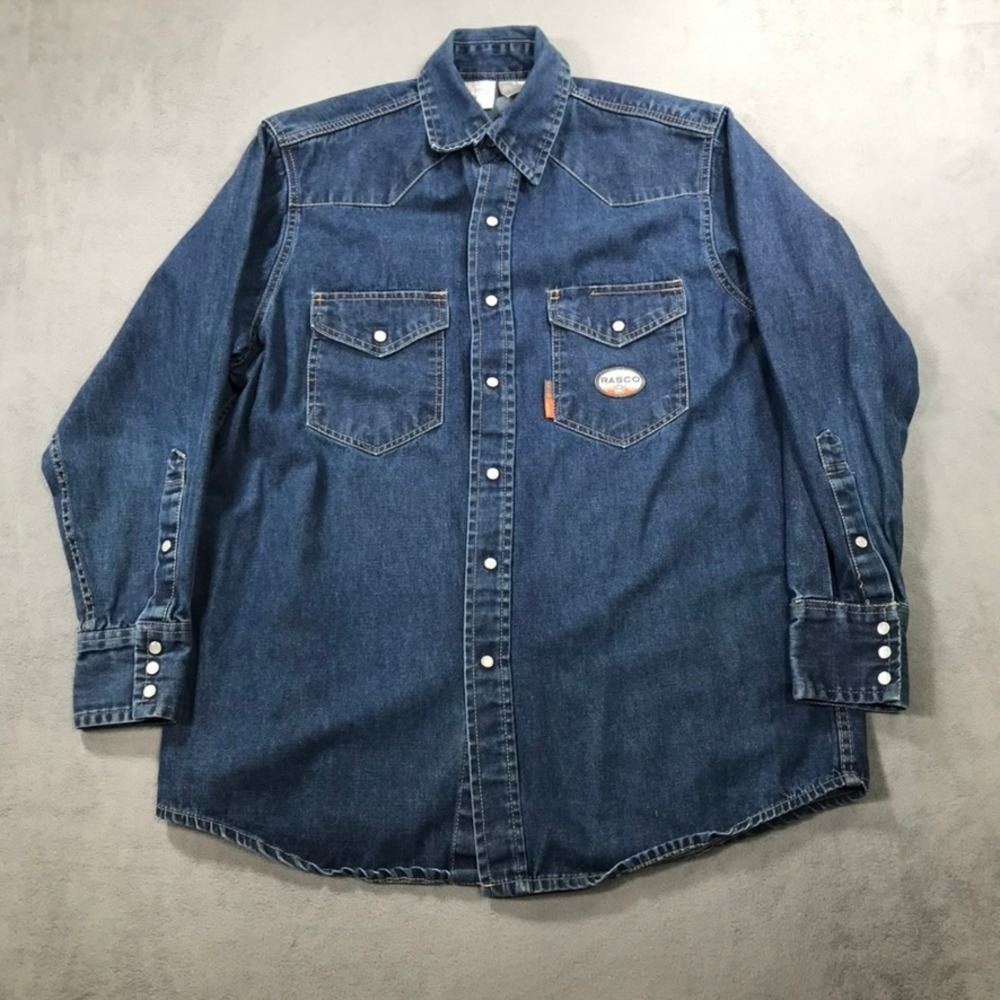 Rasco FR Denim Work Shirt Mens L Blue Flame Resistant Western Pearl Snap